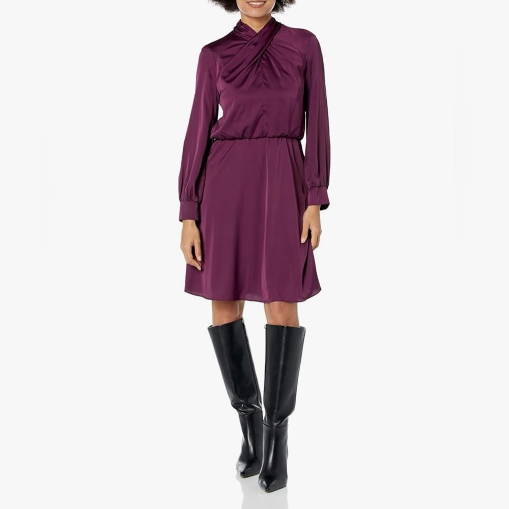London Times Women's Wrap Neck Bishop Sleeve Blouson Waist Dress